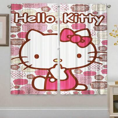  2件装 SANRIO Hello Kitty 可爱印花窗帘 - 高端装饰窗帘，卡通印花，杆式设计，适合所有季节，户外，凉亭，卧室，厨房，办公室，书房，客厅，家居装饰，卧室装饰，每个家庭必备，窗帘，遮阳窗帘。