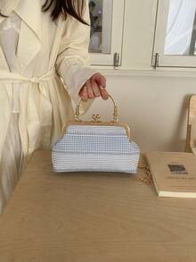 Túi xách thời trang họa tiết kẻ sọc caro, túi tote thanh lịch cho tiệc tùng và mua sắm, họa tiết được sắp xếp ngẫu nhiên. - Màu xanh lam - Xem 3