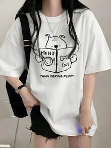 Áo thun nữ cổ tròn tay ngắn, họa tiết chó hoạt hình mới mùa hè, kiểu dáng rộng rãi, thời trang, đa năng. - trắng - Xem 2