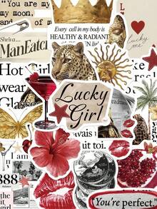 50pcs Gold & Red Y2K Girl Stickers, Waterproof PVC, Gifts, Cartoon Decor, Scrapbooking, Notebook, Laptop, Luggage, Guitar, Cup, Phone Case, DIY Stickers - Multicolor - View 2