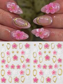 2 pièces Autocollants d'art pour ongles 5D gaufrés et dorés avec motif de fleurs de cerisier de style français. Fleurs tropicales et pétales pour la décoration des ongles et la manucure - Multicolore - Voir 8