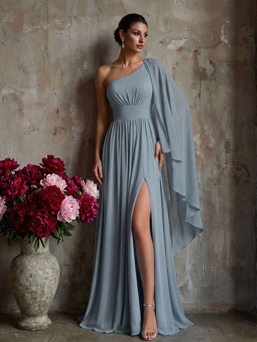 雪纺长款伴娘礼服，不对称领口，飘逸披肩袖，高开衩，完美适用于婚礼和特殊场合。 - 灰色 - 查看 1