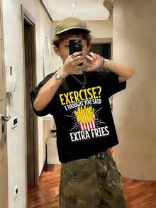 Boys & Teens' Casual Graphic Print Round Neck Short Sleeve T-Shirt, Summer Top - Black 6 - View 2