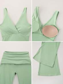 1 Set Women's Solid Color V-Neck Backless Removable Padded Camisole And Flared Leg Pants Sports Suit - 綠色 - 查看 4