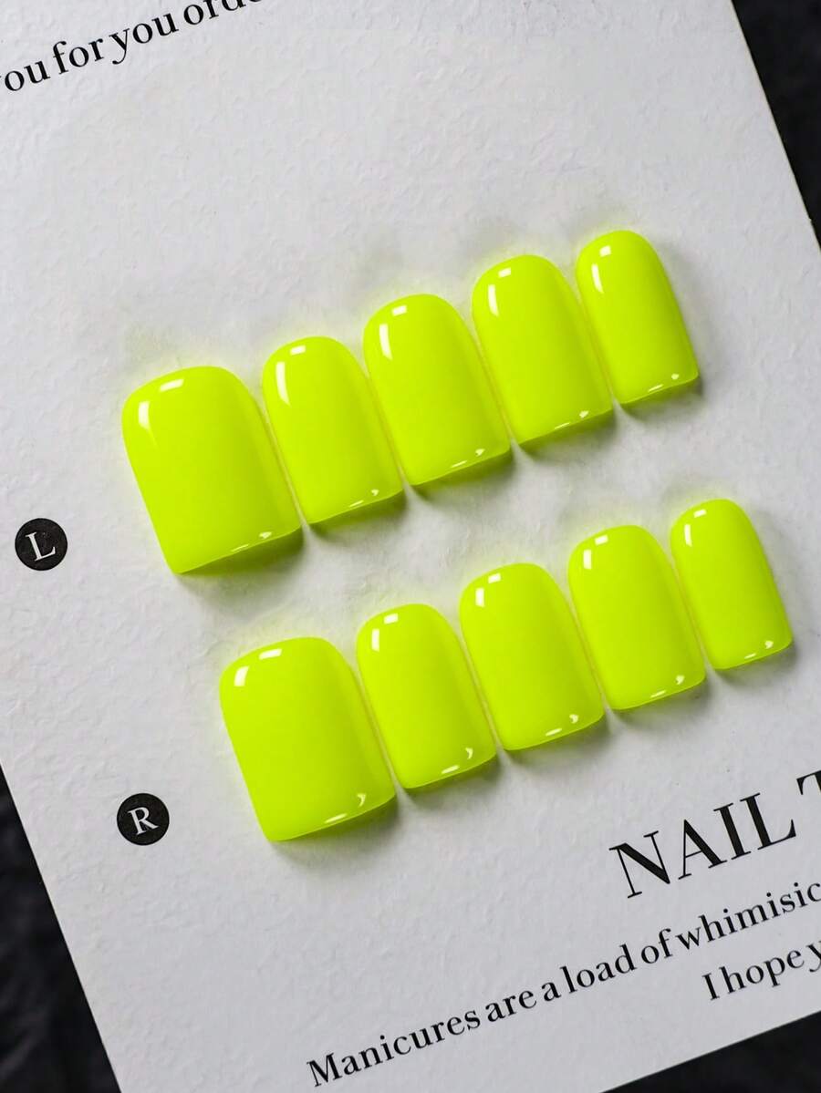 10 móng tay giả vuông ngắn thủ công (bao gồm bộ dụng cụ làm móng), bộ dụng cụ làm móng nghệ thuật màu vàng neon Y2K dành cho nữ, móng giả bóng, lý tưởng cho Halloween, lễ hội âm nhạc, những buổi tối đi chơi và phong cách cá tính hàng ngày. - màu xanh lá - Xem 1