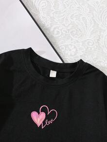 Tween Girls Heart Print T-Shirt + Gradient Shorts 2pcs Set, Sweet & Cool Style, Summer Outfit - Black - View 4