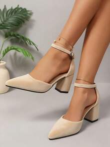 Giày sandal cao gót nữ, giày công sở mũi nhọn kiểu mới mùa xuân, giày cao gót, sandal quai cài khóa, gót dày, gót lửng bằng da lộn, kiểu slip-on, mùa hè - Màu be - Xem 4