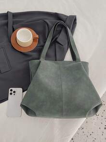 Large Capacity Tote Bag, Retro Faux Leather Handbag With Front Pocket, Suitable For Work And Travel - Green - View 5