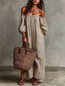 Women's Striped Off Shoulder Maxi Dress Puff Sleeve Loose Fit Casual Dress With Pockets Summer Boho Beach Vacation Long Dresses For Women - 條紋 - 查看 1