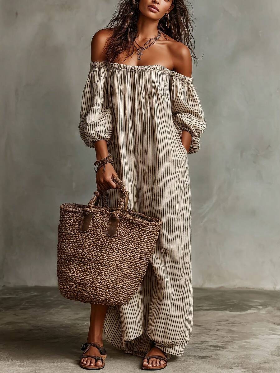 Women's Striped Off Shoulder Maxi Dress Puff Sleeve Loose Fit Casual Dress With Pockets Summer Boho Beach Vacation Long Dresses For Women - 條紋 - 查看 1