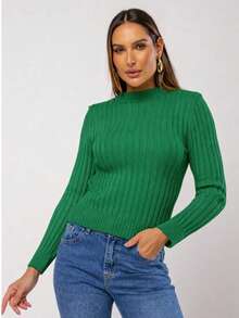 Women's Turtleneck Blouse, Modal Knit, Long Sleeve, Ribbed - Hijau - View 2