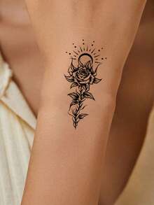 10张混合图案临时纹身贴纸，包含黑色花朵、蝴蝶、羽毛、捕梦网和月亮图案，适用于手腕、锁骨、大腿等身体部位，非常适合派对妆容，可持续2-5天。 - 黑色 - 查看 4