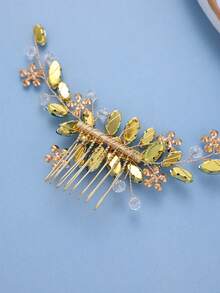 1pc Elegant Green Crystal & Faux Pearl Hair Comb, Bridal Wedding Flower Hair Clip, Emerald Green Headpiece For Gala Party,Festival,Birthday - Green - View 6