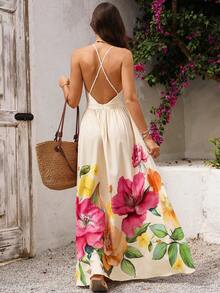 Women's Casual Vacation Dress, With Print And Backless Design, Elegant And Stylish, Halter Neck Style With A Full Skirt. - 杏色 - 查看 2