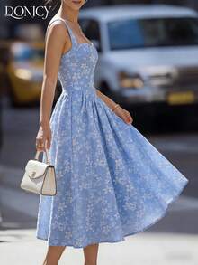 DONICY Women's Blue Floral Ruffle Hem Dress, Square Neck Mid-Length Wide Strap Dress, Sweet Romantic Summer Vacation Dress - Blue - View 8