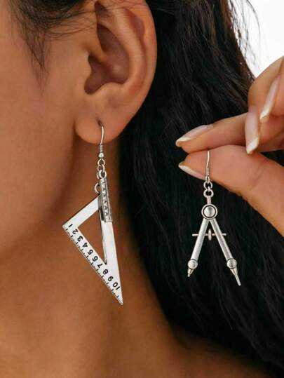 Retro Silver Ear Clips, Vintage Minimalist Ins Personalized Triangle Ruler Scissors Earrings