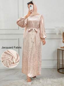 Plus Size Women Elegant Jacquard Arabic Style Dress Pink - Pink - View 4