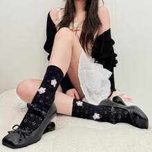 1 Pair Handmade Floral Elastic Fishnet Socks, French Romantic Style For Women - Baby Pink - View 3