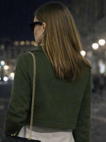 Women's Short Soft Bomber Jacket, Elegant With Front Buttons, Functional Pockets, Fitted Sleeves, Winter/Autumn Fashion, Casual Chic Look, Comfortable And Modern. - Army Green - View 3