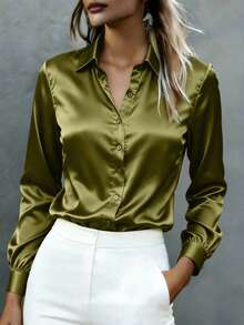 女士长袖纯色缎面纽扣衬衫，经典领型——优雅简约的办公室衬衫，适合工作、居家和日常穿着，四季皆宜的百搭上衣（春夏秋冬） - 橄欖綠 - 查看 3