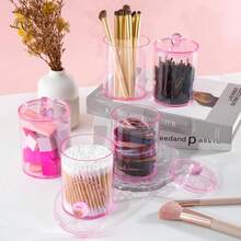 Hộp đựng tăm bông 6 chiếc có nắp nhựa - Hộp đựng đồ trang điểm trong suốt 10oz và lọ đựng mỹ phẩm dùng cho bông tẩy trang, tăm bông, chỉ nha khoa, kẹp tóc, kẹp giấy, dây buộc tóc (Màu hồng) - Hồng - Xem 6