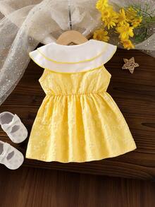 女婴甜美清新纽扣前襟蕾丝蝴蝶结刺绣双领无袖提花公主裙 - 黃色 - 查看 8
