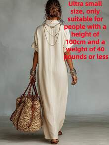 Beige Dark V-Neck Brown Plant Embroidery Linen Shirt Style Long Skirt Women's Lapel Rolled Edge Short Sleeved Loose A-Line Version Bohemian Vacation Casual Style Beach Daily Wear - 象牙白 - 查看 9