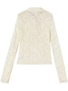 女士性感镂空杏色蕾丝V领修身T恤 - 杏色 - 查看 8