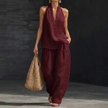 Conjunto de dos piezas de lino bohemio - ¡Perfecto para la playa, las vacaciones y el brunch! Conjunto de top sin mangas de cuello halter y pantalones de pierna ancha #ConjuntoDeDosiezas #ConjuntoDeLino #PantalonesDePernaAncha #CuelloHalter #AtuendoDeVerano #ModaBohemia #VestirCasual #AtuendoDelDía #ModaMujer - Caqui - Ver 3