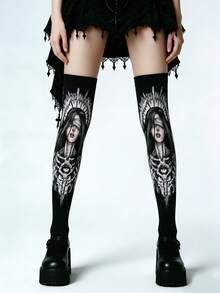 1 đôi tất cao đến đùi họa tiết đầu lâu nữ thần Gothic, thời trang đường phố dành cho nữ, trang phục mùa hè thoải mái. - Nhiều màu - Xem 8