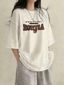 Áo thun nữ cổ tròn tay ngắn, in chữ mùa hè, kiểu dáng thời trang thường ngày, rộng rãi, đa năng. - trắng - Xem 2