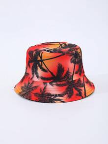 1顶女士时尚椰树印花双面渔夫帽，适合热带海滩、日常佩戴、夏季 - A - 查看 9