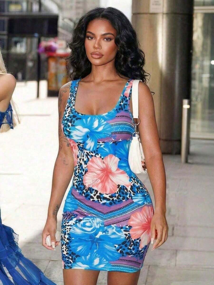 Women's Elegant Blue Floral Print Bodycon Dress, Round Neck Fitted Cut With Floral Leopard Print Details, Suitable Spring Wedding Season, Music Festivals, Parties And More - 彩色 - 查看 1