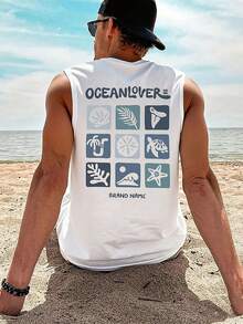 1 chiếc áo tank top nam mùa hè kiểu dáng thường ngày in hình rùa, cổ tròn - trắng - Xem 1