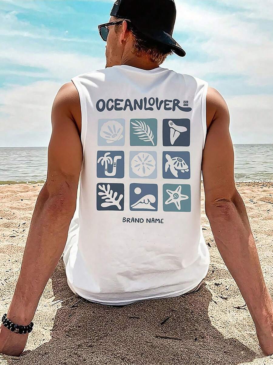 1 chiếc áo tank top nam mùa hè kiểu dáng thường ngày in hình rùa, cổ tròn - trắng - Xem 1