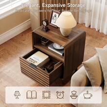 ONBRILL Brown Fluted End Table With Charging Station, Mid Century Curved Bedside Table With Drawer & Open Cubby Storage, Modern Nightstand For Living Room, Bedroom, Entryway, (1-Pack) - View 3