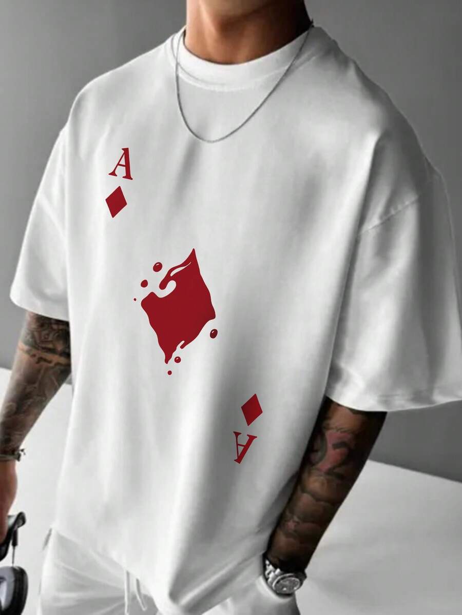 New Arrival Plus Size Men's Personalized Playing Card Print Short Sleeve T-Shirt, Comfortable & Breathable, Suitable For Summer, Leading Fashion - White - View 1
