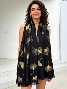 1件优雅竹节纱线印花流苏头巾，叶子箔金女士头巾，柔软材质，多功能防晒/防风头巾披肩，适合日常生活/节日派对/宴会场合 - 彩色 - 查看 4