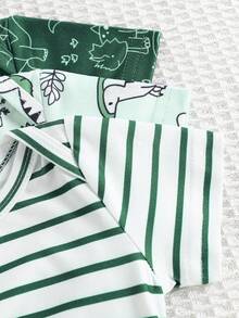 3pcs Cute Striped Dinosaur Infant Newborn Romper Outfit - Green - View 3