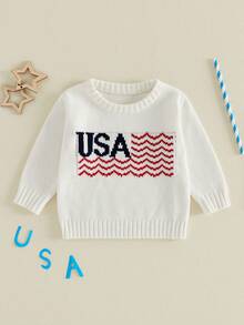 Baby Girl Boy 4th Of July Outfit Kids Sweater, Long Sleeve Crew Neck Letters Warm Winter Sweater Clothing For Girls Boys - trắng - Xem 6
