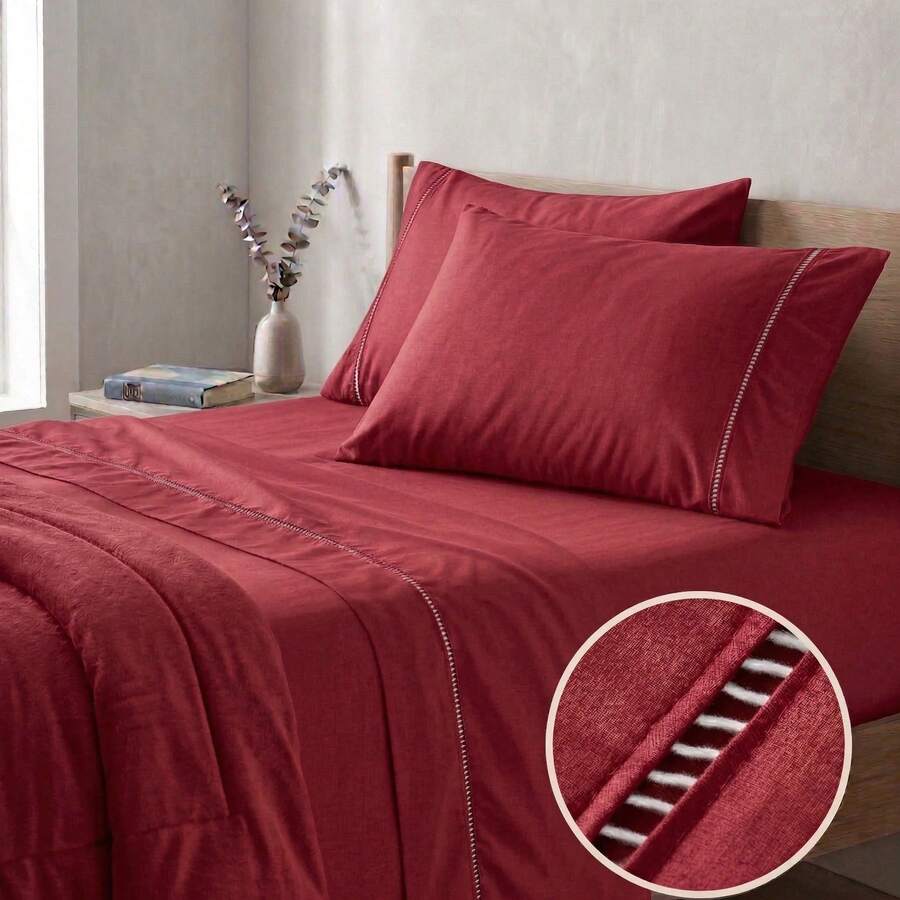 400 Thread Count 3-Piece Bedding Set With Fitted Sheet And Pillowcases, Soft Touch, Everyday Comfort, Single, Full, Queen, King - Red - View 1