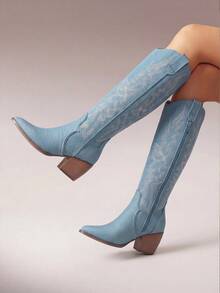 Knee High Boots Women, Pull On Zipper Chunky Heel Pointed Toe Party Embroidered Western Cowgirl Cowboy Boots - 藍色 - 查看 2