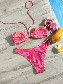 女士泳装比基尼，饰以可爱的热带花卉、波点和格子印花，优雅的海滩/音乐节/都市海滩波西米亚风，适合2026春夏度假穿着 - 中紫紅色 - 查看 3