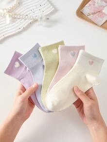 5 Pairs Women's Candy Color Heart Pattern Ankle Socks, Cute Casual Boat Socks, Random Colors, All Seasons - Multicolor - View 6