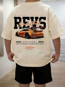 1pc Tween Boys' Car Print Short Sleeve T-Shirt, Student Youth Clothing, Summer Top Prepared For Boys Going To Play - Apricot - View 1