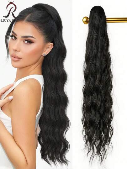 Tóc nối đuôi cá dài 32 inch, màu đen nâu, kiểu gợn sóng, có kẹp để gắn tóc. Tóc giả tổng hợp mềm mại, màu vàng kim dành cho nữ.