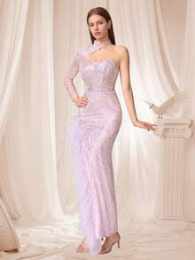 VIPGIRL Elegant & Luxurious Lavender Off Shoulder Evening Gown - Asymmetrical High Neck Cutout Design, All-Over Iridescent Sequin Embellishments, Fitted Bodycon Silhouette & Dramatic Tiered Tulle Ruffle High Slit Hem | Perfect For Gala Dinners, Red Carpet Events, Wedding Receptions, Prom Nights Spring Party - Mauve Purple - View 9