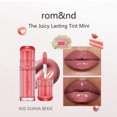 Rom&nd 持久水润唇釉迷你装 02 番石榴米色，水润光泽妆效，保湿滋润，轻盈舒适，持久显色，不褪色，不粘腻杯身，质地轻盈，迷你装，方便试用和旅行，送给朋友的完美礼物，适合新手，适合女性日常使用，韩妆，韩国彩妆，赠品 1克/0.04盎司