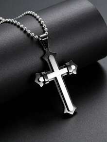 1pc Minimalist Business Men's Polished Stainless Steel Double Layer Cross Pendant Necklace, Smooth 3D Spliced Cross Bead Chain, Versatile Metal Jewelry Gift For Dad And Boyfriend - Cross Pendant - View 7