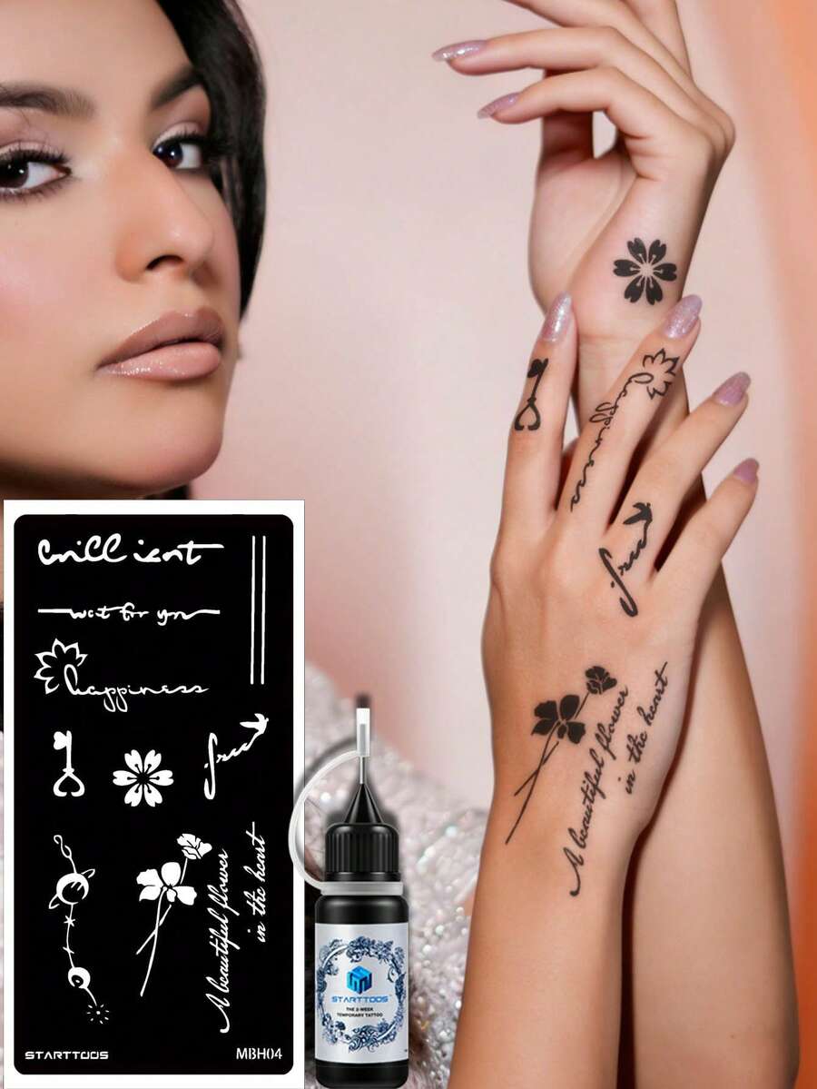 STARTTOOS Minimalist Temporary Tattoo Templates + Tattoo Dye, Star, Floral, Bird, Butterfly Designs For Nail Art, Suitable For Hands, DIY Painting, Ink, Reusable Manhatten Design Stickers, Suitable For Women Body Party Makeup,Tattoo Stencil - Black - View 1